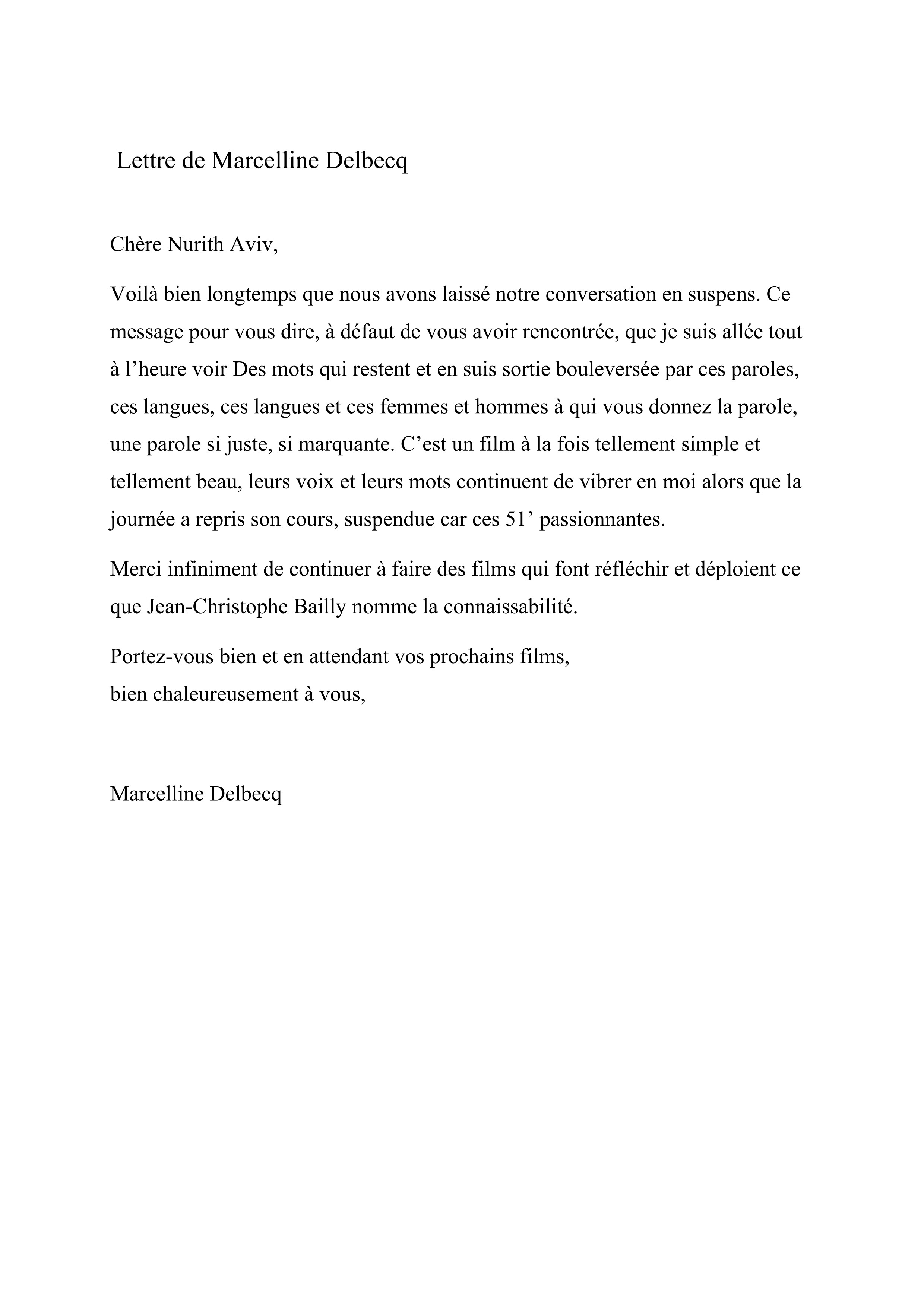 Lettre de Marcelline Delbecq