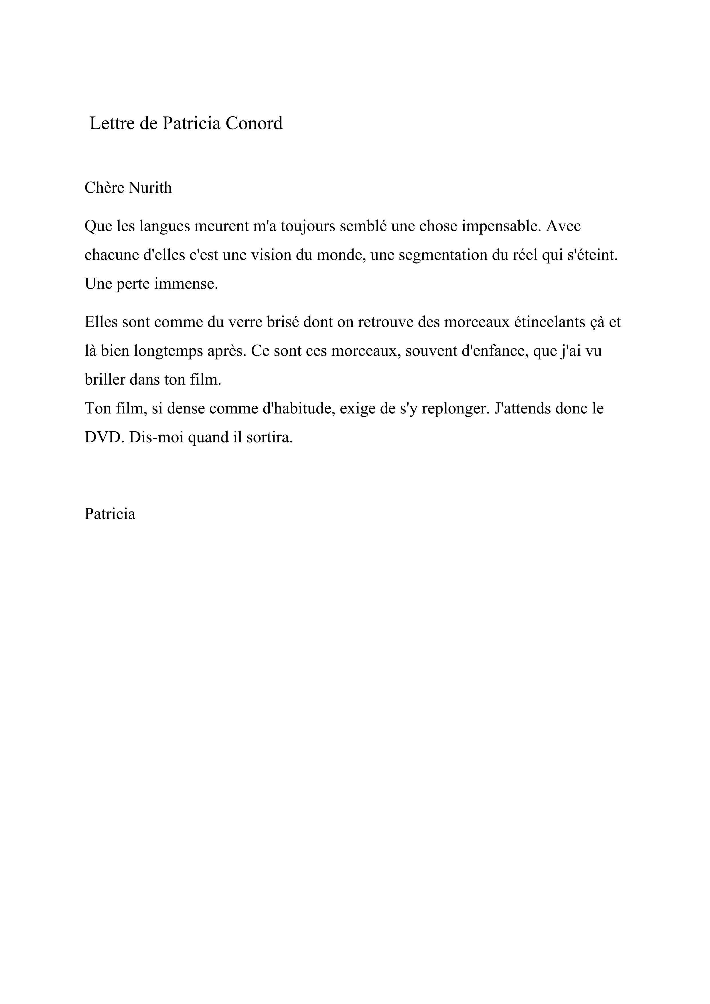 Lettre de Patricia Conord