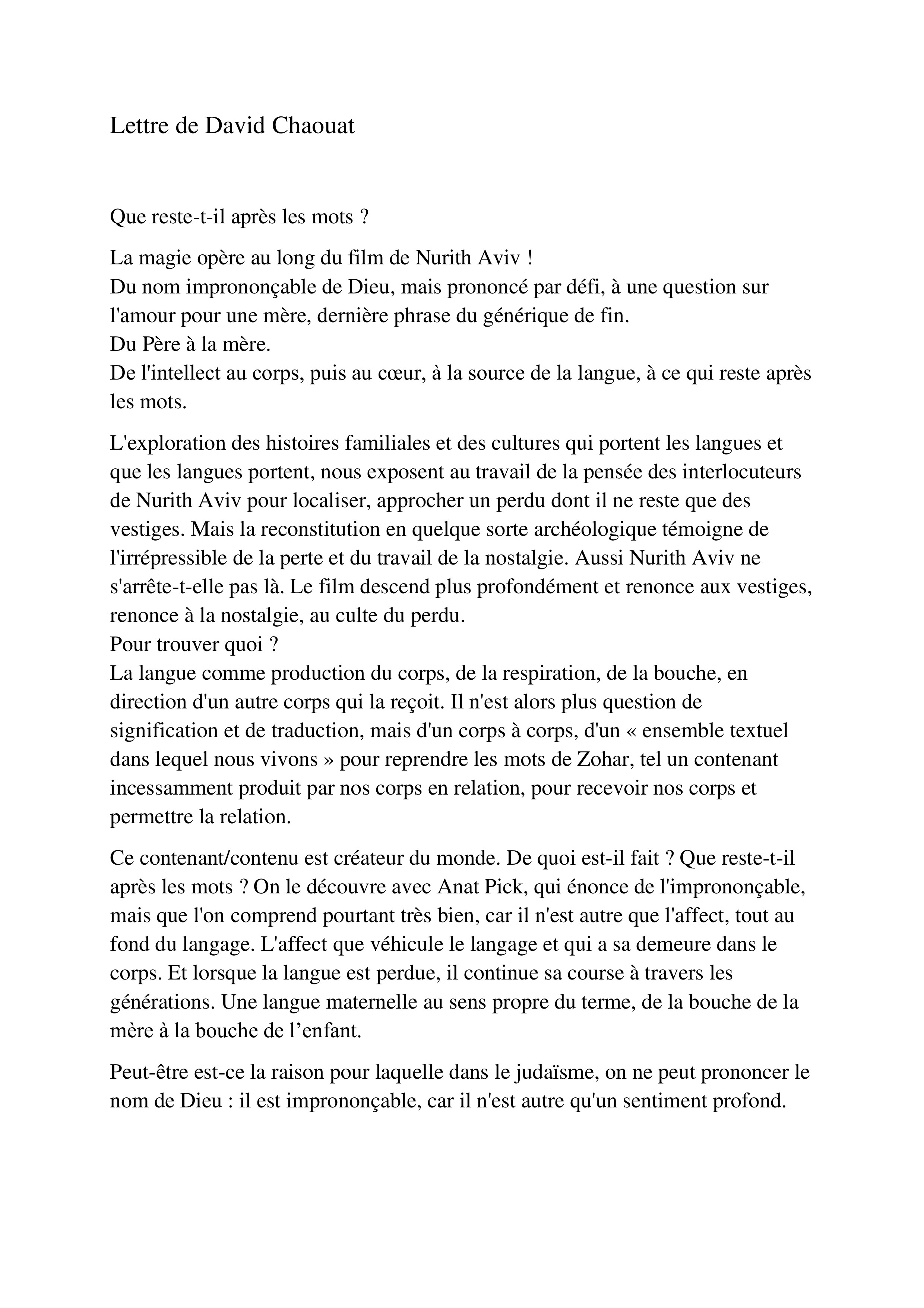 Lettre de David Chaouat