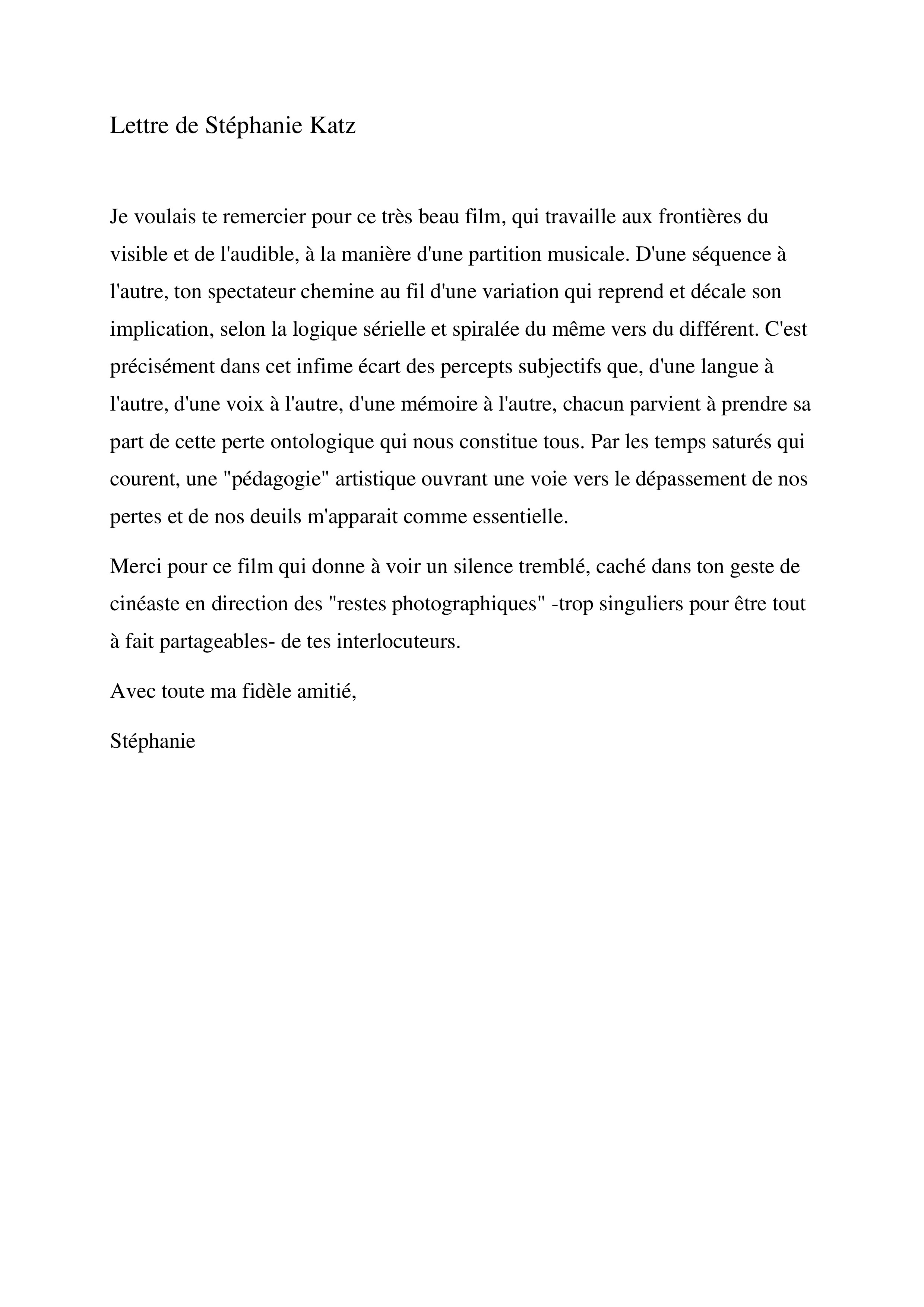 Lettre de Stéphanie Kratz